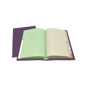 taccuino rubricato viola con pagine multicolore a righe